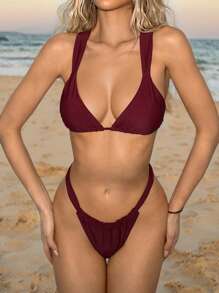 SHEIN ICON Quần bơi nữ màu trơn đỏ tía mùa xuân hè quyến rũ đi biển màu trơn cạp thấp bikini ngày lễ xuân hè - Màu Đỏ Sâu - Xem 11