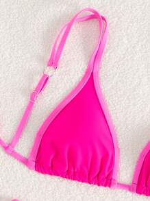 SHEIN Swim 夏季海滩女士吊带两件套比基尼套装 - 粉色 - 查看 3