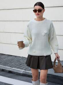 EURMUSE Elegancki i przytulny sweter damski z dzianiny Soft Touch zdobiony kwiatami 3D