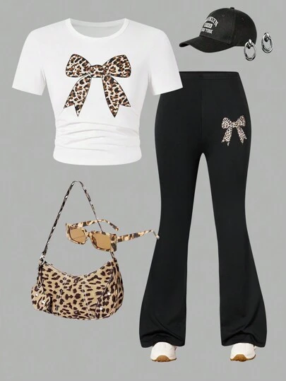 SHEIN ChillGRL 2pcs/Set Girls Casual Chic Leopard Bow Pattern Short Sleeve Top And Flare Pants Set