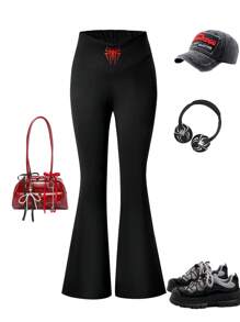 SHEIN Explorewe Teen Girl Black Flared Pants With Print - Black - View 9