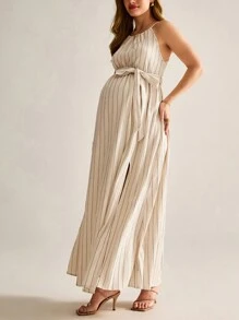 MaterniWear Maternity Boho  Striped Print Split Thigh Belted Halter Dress - Khaki - View 1
