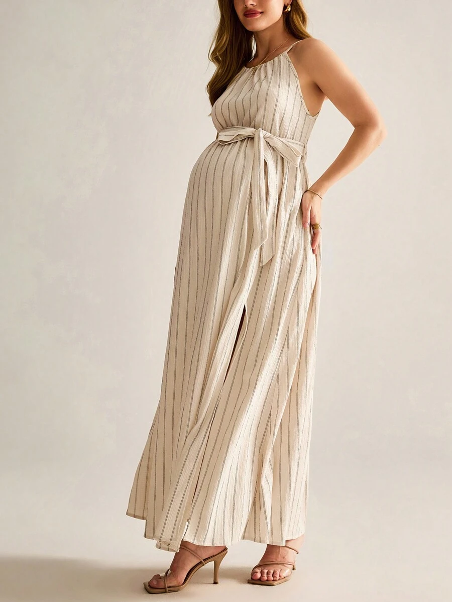MaterniWear Maternity Boho  Striped Print Split Thigh Belted Halter Dress - Khaki - View 1