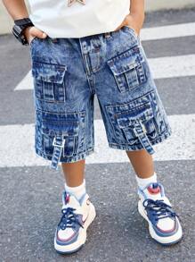 SHEIN SLAYR KIDS Young Boy Summer Street Cool Stonewashed Multiple Pockets Loose Fit Blue Denim Cargo Shorts, Spring/Summer Streetwear And Spring Break - Dark Wash - View 4