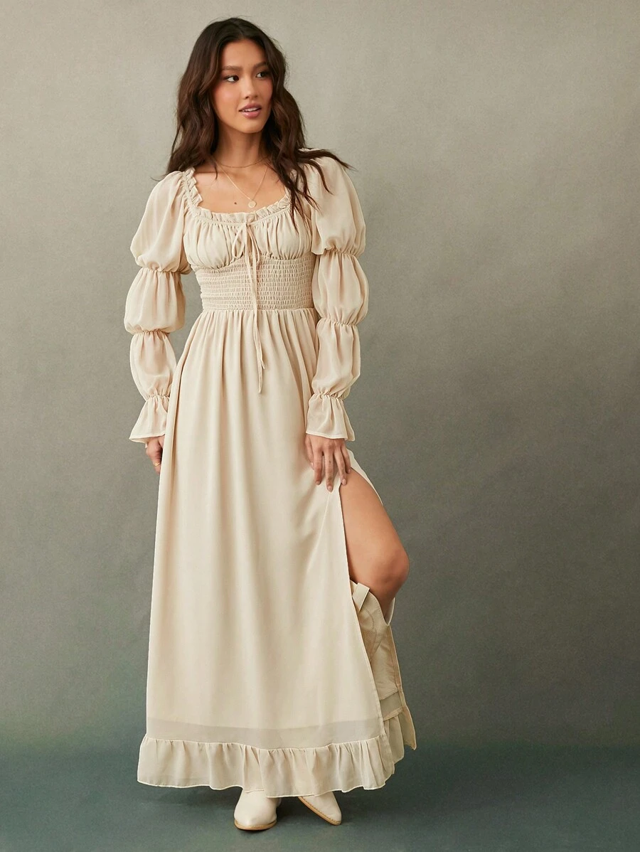 WESTFADE Ruffle Scoop Neck Bow Tie Front Smocked Waist Tiered Long ...