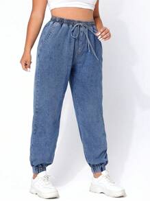 SHEIN EZwear Quần Jeans Ống côn Cỡ Lớn Thường Ngày Có Dây Rút Cạp Giặt Thông Thường - Rửa trung bình - Xem 4