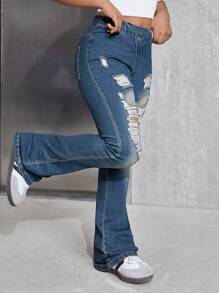 SHEIN Fashionable Tween Girls Ripped Flared Jeans, Soft Washed Comfy Stretchy Casual Denim Trousers, Suitable For Spring And Autumn - Dark Wash - View 4