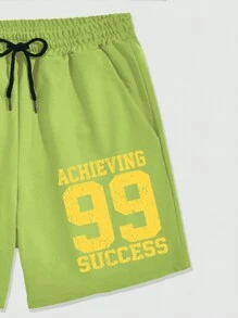 ROMWE MEN Prep 2pcs Men's Jersey Letter Print Short Sleeve T-Shirt And Shorts Set - Army Green - View 5