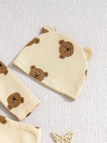 SHEIN 3 件套新生儿柔软蛇纹长袖上衣、连脚裤和帽子睡衣套装，秋冬 - 杏色 - 查看 9