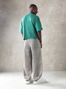 SUMWON Skater Fit Relaxed Wide-Leg Denim Jeans With Knee Patches, Urban Streetwear Casual Comfortable High-Quality Fall Winter Fashion - Grey - View 5