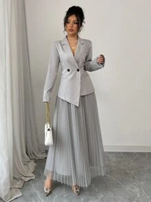 Elenzga Conjunto de blazer y falda de malla de corte regular y elegante para mujer, versátil para el trayecto al trabajo y uso en todas las estaciones. - Gris - Ver 5