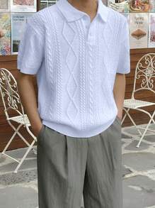 Claim Dot 男式纯色纽扣细节纹理休闲短袖针织上衣 - 白色 - 查看 1