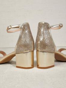 SHUZIA 畅销女士水钻装饰露趾粗跟水钻浅金色派对凉鞋 - 奢华魅力、闪亮优雅的春季鞋 - 金色 - 查看 6