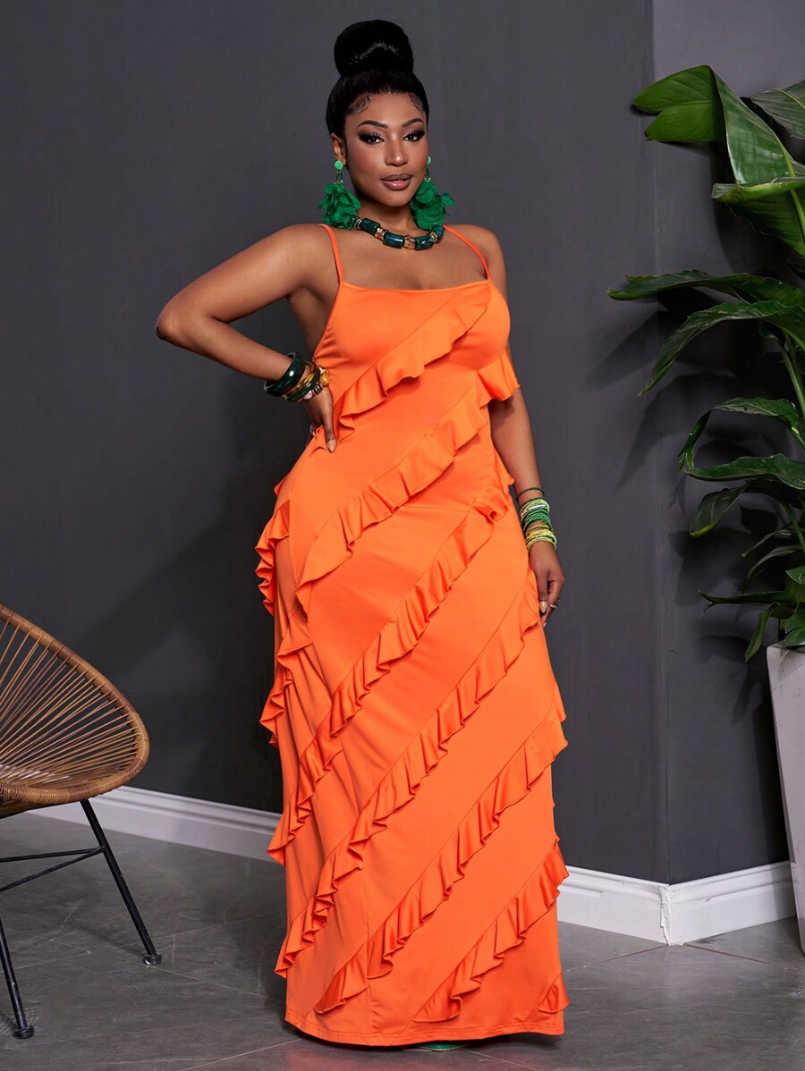 SHEIN Slayr Plus Size Orange Floor Length Ruffle Hem Textured Dress ...