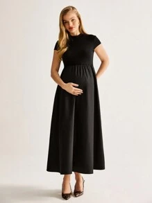 MaterniWear Maternity Casual Solid Color Short Sleeve Long Dress