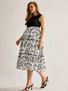 MaterniWear Maternity Contrast Floral Print Patchwork Sleeveless Dress