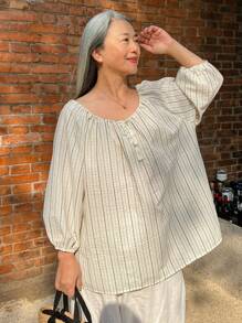 DAZY Blus Pullover Longgar Lengan Lentera Bergaris Vintage Kasual Artistik Serbaguna untuk Wanita - Biru - View 8