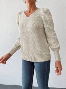 EURMUSE Solid Puff Sleeve Ribbed Knit Jumper - Light Grey - View 4