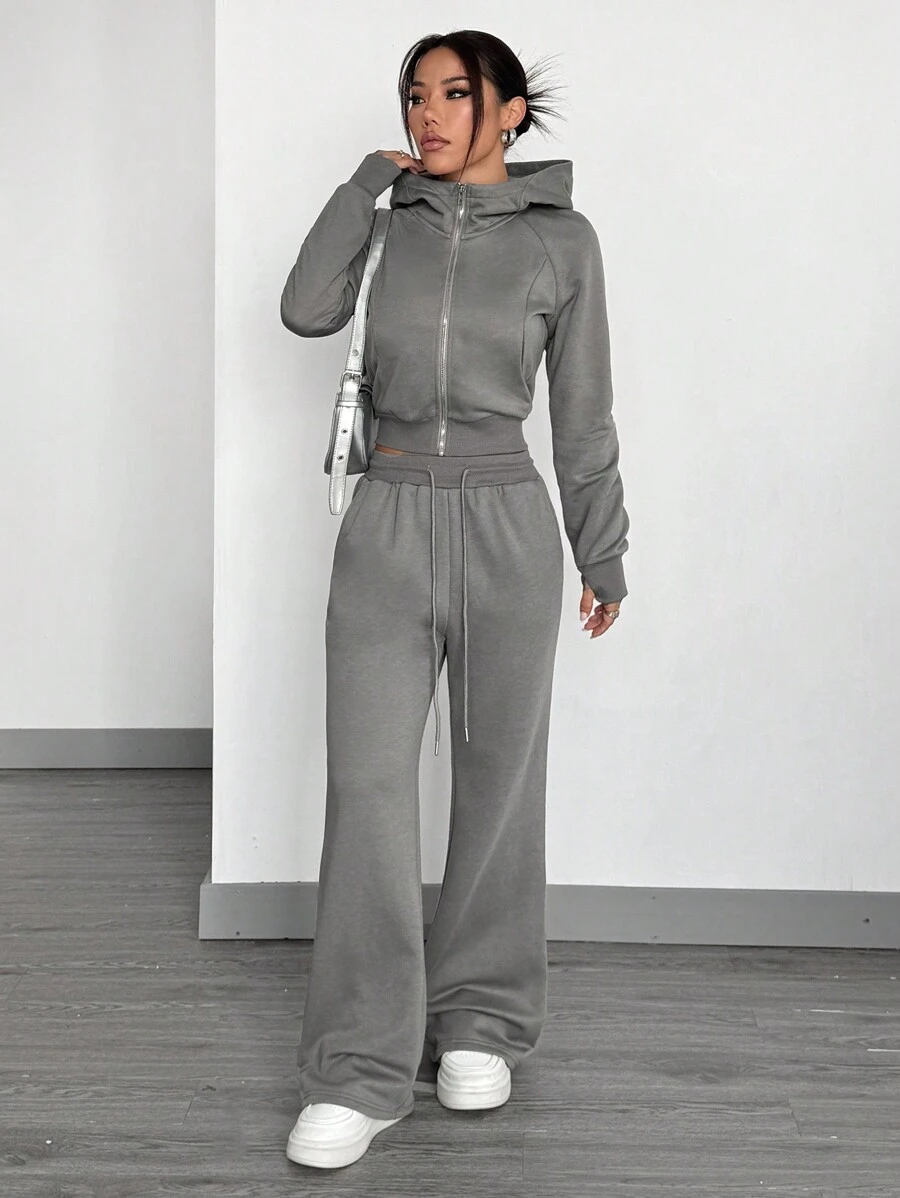 SHEIN EZwear Women's Front Zip Up Hoodie With Pockets And Sweatpants Tracksuit, Minimalist Design - Grey - View 1