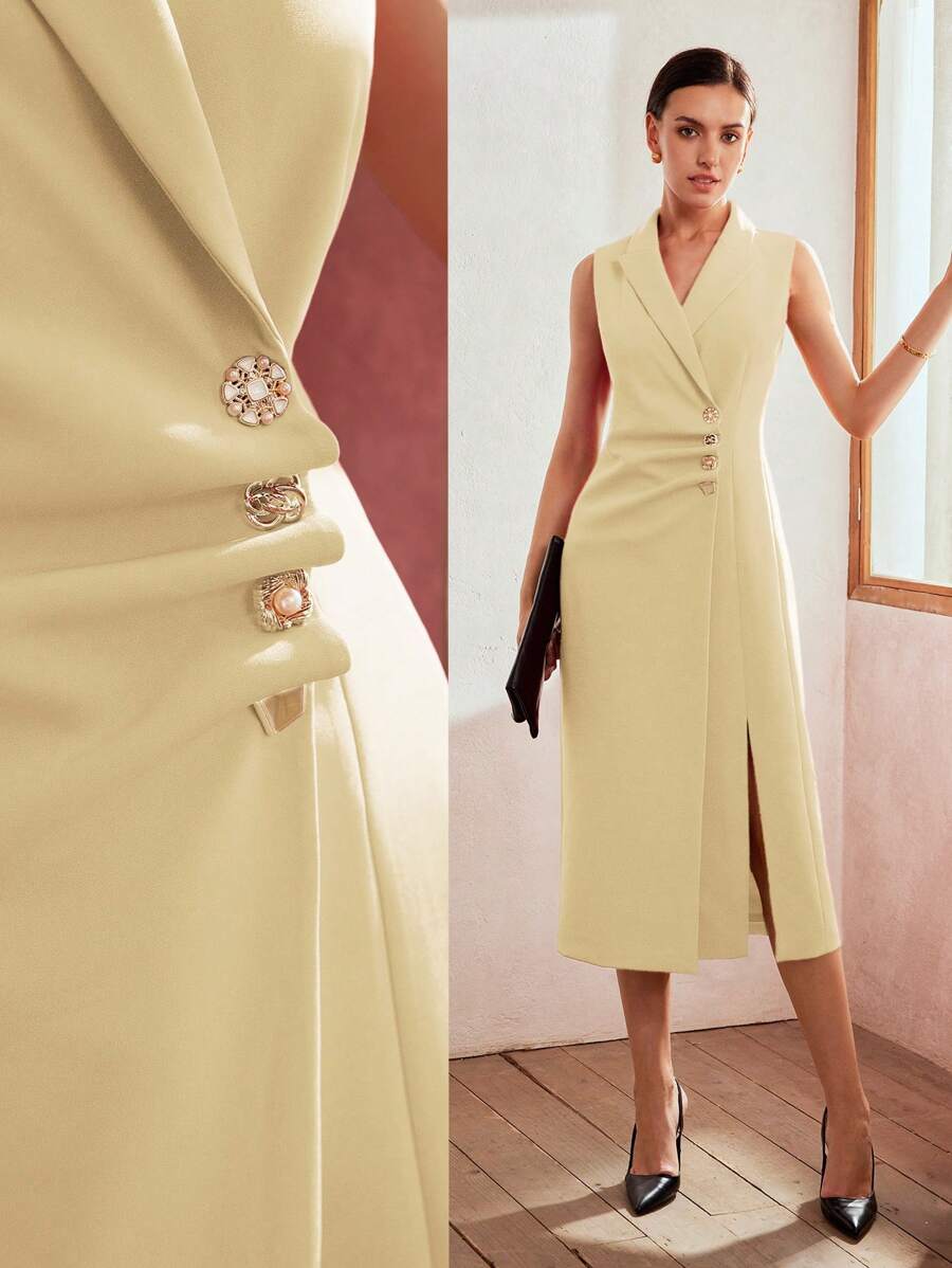 MOTF PREMIUM VÁY DỆT CỔ KIM LOẠI KHÔNG TAY CHO NỮ - Màu be - Xem 1