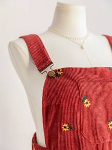 Soleia 大码女式节日秋冬红棕色灯芯绒刺绣雏菊宽松吊带裤