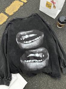 SHEIN EZwear Plus Size Crew Neck Long Sleeve Lip Print Casual Shirt, Everyday Wear - Black - View 1