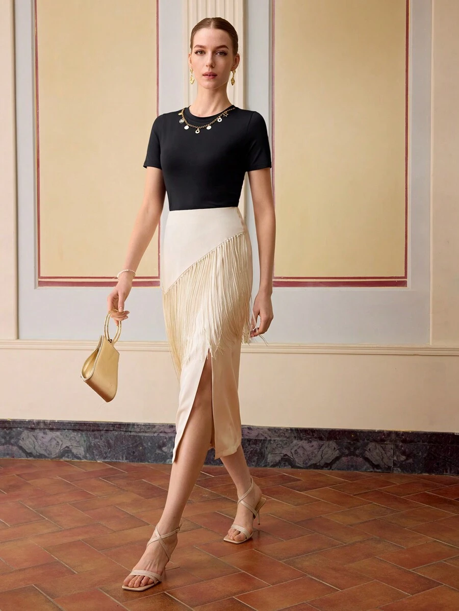 ZEYLAH 流苏饰边大腿开衩裙 - 杏色 - 查看 1