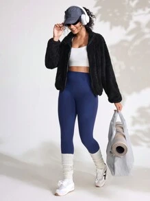 SHEIN Sports Giacca corta in pile di corallo, maglione reversibile in pile con cappuccio per coppie, invernale caldo e imbottito