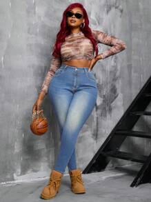 SHEIN SXY Jeans ajustados y elásticos de talla grande para mujer, estilo vitage