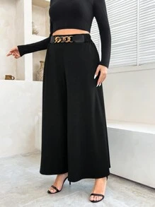 Flirla 大码纯色金属点缀休闲宽松裤，适合日常穿着