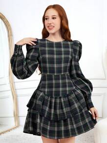 SHEIN 少女复古格子泡泡袖圣诞连衣裙 - 藍色 - 查看 4