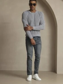 Manfinity Homme Men's Solid Color Crew Neck Long Sleeve Casual Pullover Sweater, Fall/Winter - Grey - View 6