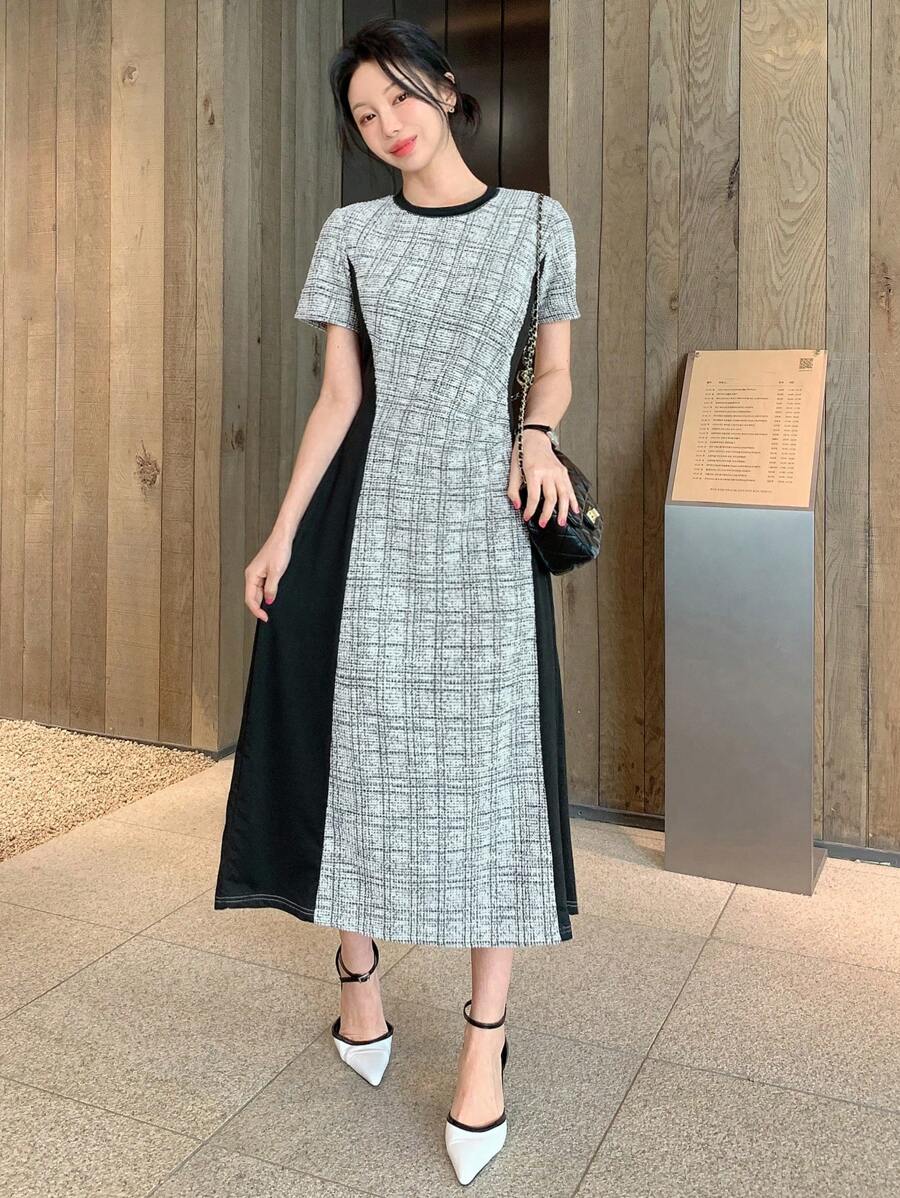 DAZY 女式拼色格子褶皱收腰中长连衣裙 - 灰色 - 查看 1