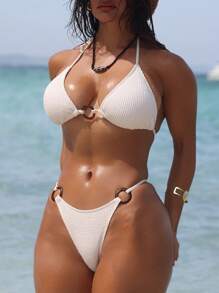 Swim SXY Conjunto de bikini sexy de tirantes de espagueti con anillo redondo de decoración en tela jacquard de unicolor para mujer, atuendos de playa