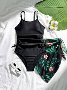 Tween Girls One-Piece Swimsuit With Mesh Skirt, 2pcs Casual Printed Swimwear Set - Black - View 3