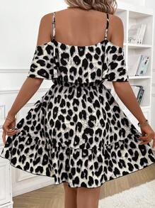 SHEIN Clasi Women's Leopard Print Shoulder Strap Ruffle Hem Strap Dress For Autumn Outing - Grey - View 2