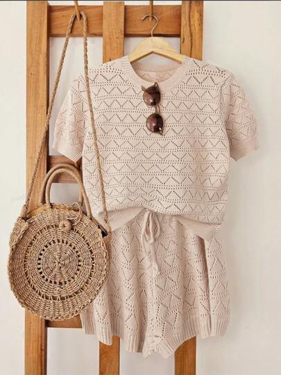 Breezaya 2pcs Women's Vacation Casual Hollow Out Knit Short Sleeve Top And Knit Shorts Set