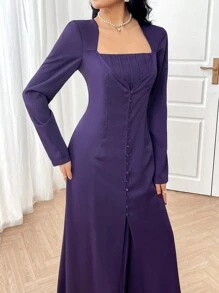 Modelyn Vestido morado de estilo árabe de manga larga y cuello cuadrado elegante y de unicolor para mujer - Morado - Ver 5