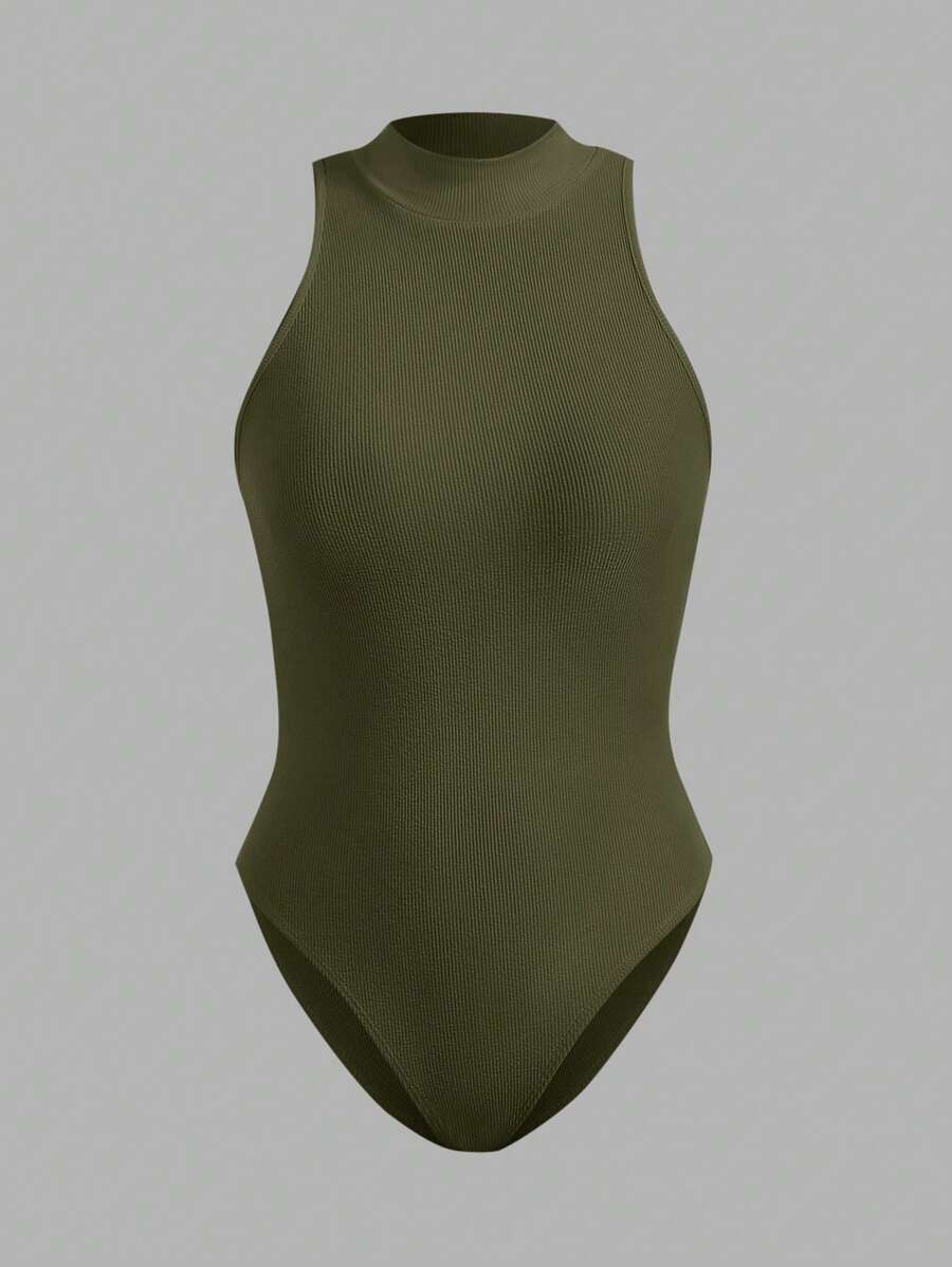 SHEIN BASICS Women's Solid Color Stand Collar Sleeveless Slim Fit Casual Bodysuit - Army Green - View 1