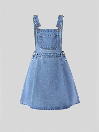 SHEIN Tween Girls Casual Buckle Strap Waist Drawstring Washed Denim Jumpsuit Dress