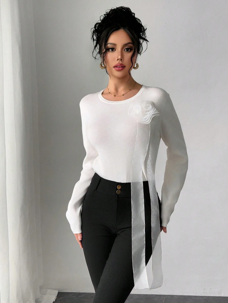 Chiquease Women's Elegant Solid Color 3D Flower Draped Sweater, Autumn/Winter Knit Pullover Fall - White - View 1
