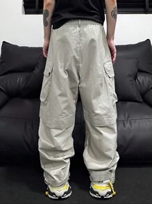 Manfinity EMRG Casual Cargo Pockets Men's Design Slim Fit Pants, Long Trousers,Cargo Pants - Light Grey - View 2