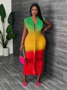 Slaydiva Plus Size Elegant Summer Ombre V-Neck Sleeveless Bodycon Dress - Multicolor - View 5