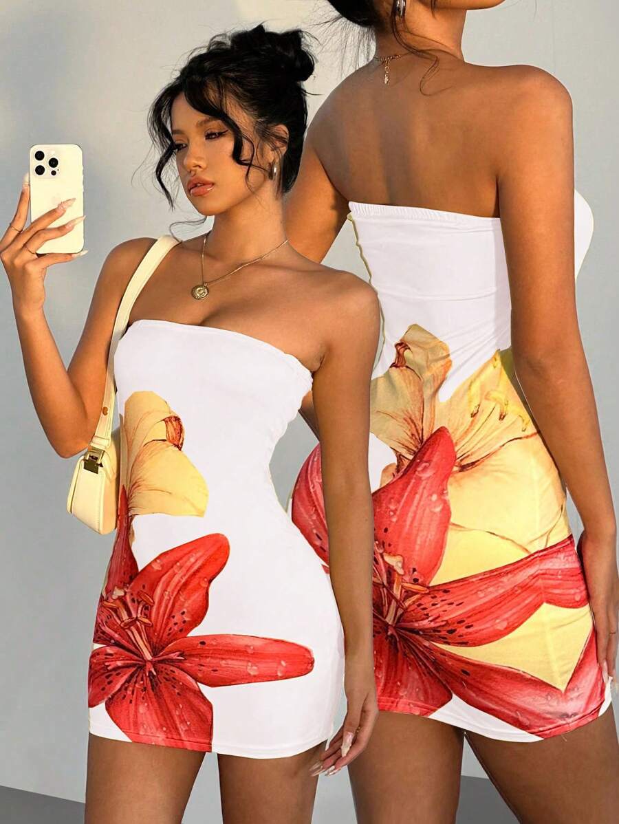 Chiquease 女士休闲度假露肩紧身花卉印花夏季连衣裙