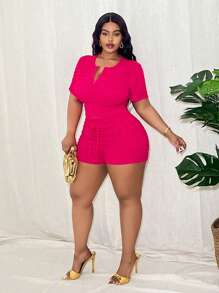 Slaydiva 2件套 女式加大码基础款纯色亮粉色短袖半拉链露脐T恤和高腰超短裤，纹理面料，休闲夏季度假装 - 玫紅色 - 查看 6