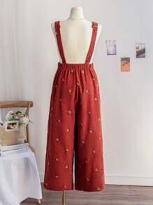 Soleia 大码女式节日秋冬红棕色灯芯绒刺绣雏菊宽松吊带裤