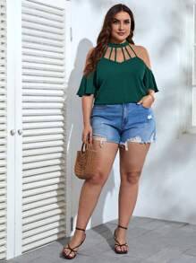 SHEIN VCAY Plus Size Vacation Casual Solid Color Cold Shoulder Halter Shirt