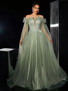 Glamrae Elegant Luxurious Off Shoulder Fluffy Dress With Embroidered Sequin Mesh Overlay, Suitable For Wedding, Party, Gala, Evening Occasion, Wedding Guest Dress, Formal Dress,Gown