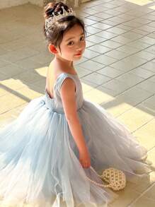 DAZY Young Girl Elegant Solid Color Mesh Patchwork Dress,Girls Summer Outfits - Blue - View 2