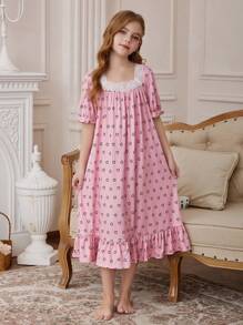 SHEIN Leap Crew Tween Girl Korean Minimalist Heart Pattern Lace Trim Puff Sleeve Ruffle Hem Loose Nightgown - Baby Pink - View 3